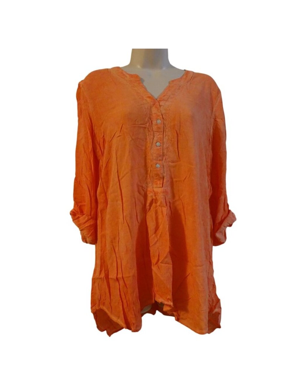 Democracy Women Orange 3/4 Sleeve Tunic Top 3-Button Size L Boho Peasant
